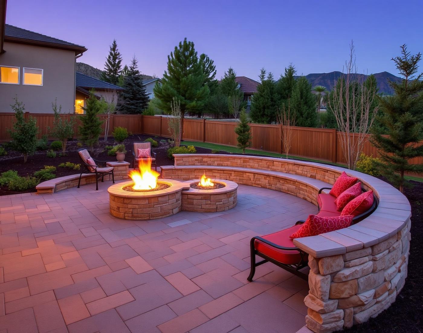Paver patio with fire pit at dusk