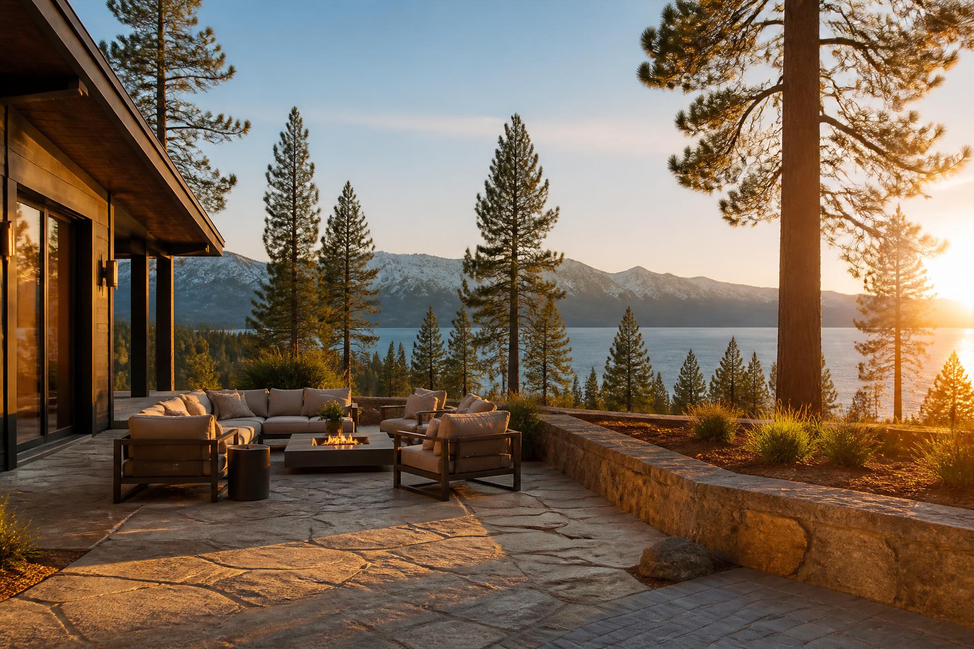 Golden hour paver terrace overlooking Lake Tahoe and the Sierra Nevada